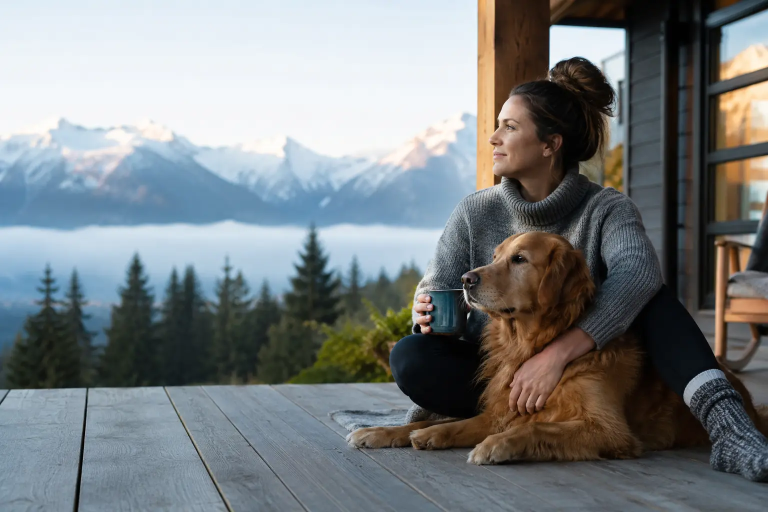 An Alaska resident relaxing at home with her emotional support dog